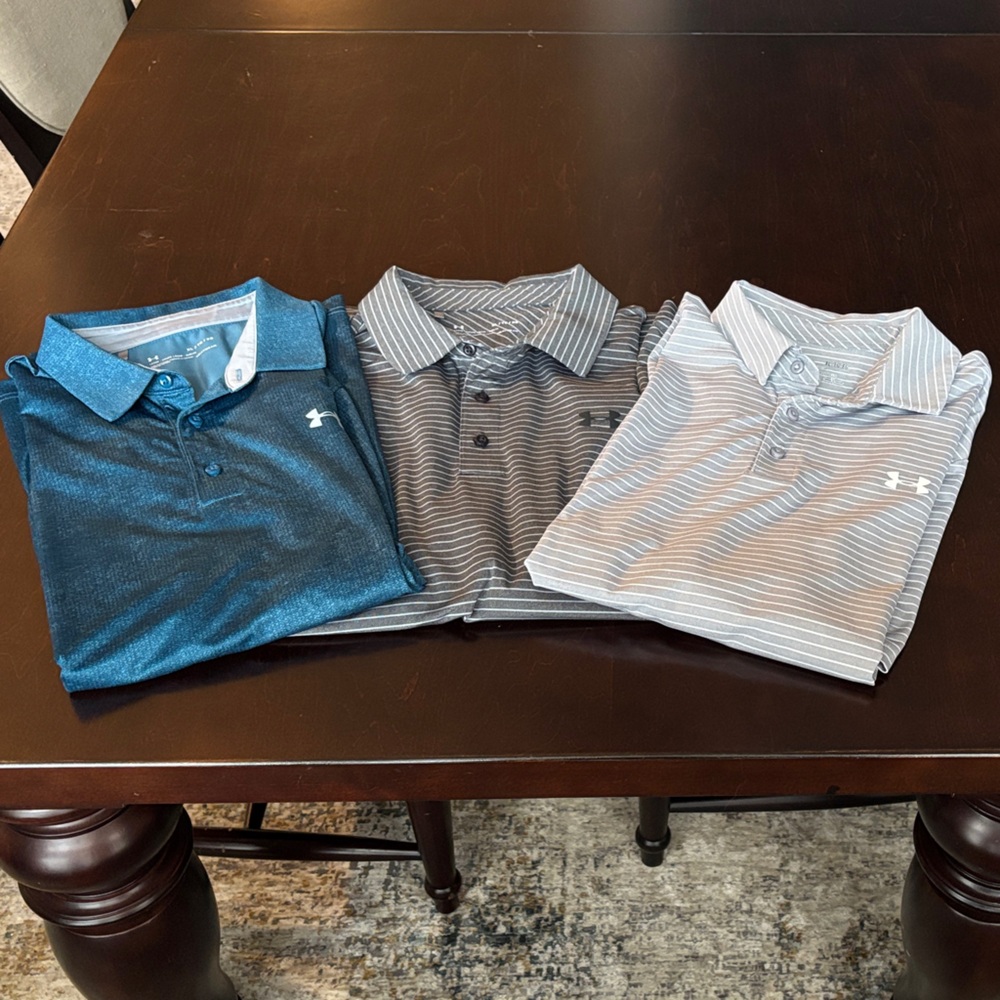 3 Men's UA Polo ShirtS - Blue, Dark Gray Stripe, and Light Gray Stripe